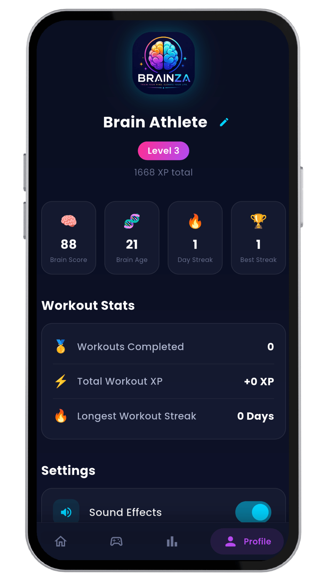 Brainza profile and settings