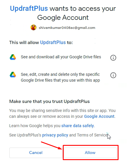 Allow UpdraftPlus to access Google Drive
